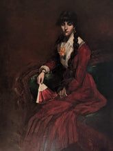 Charger l&#39;image dans la galerie, Portrait femme à l’éventail assise sur canapé circa 1870
